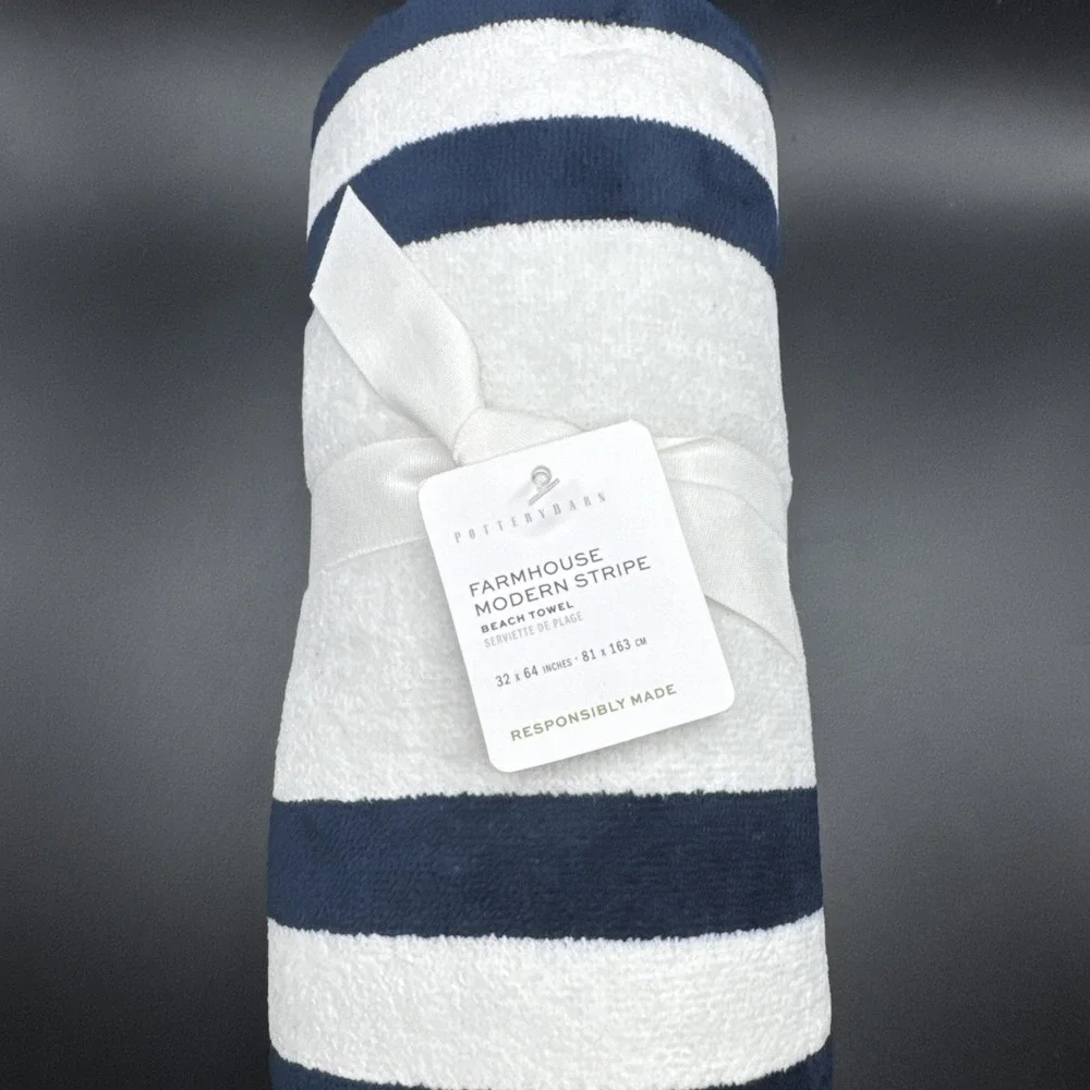 Pottery Barn Beach Towel Modern Farmhouse Stripe Pool Navy Blue White Teen Kids